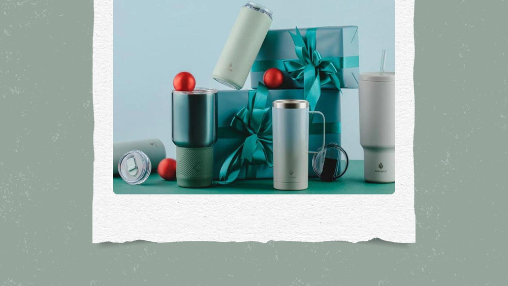 Water bottles and gift boxes with red ornaments.